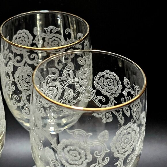 3 Libbey Rose Etching Water Glasses 7" floral scrolls gold trim 1970s romantic e - Picture 4 of 8